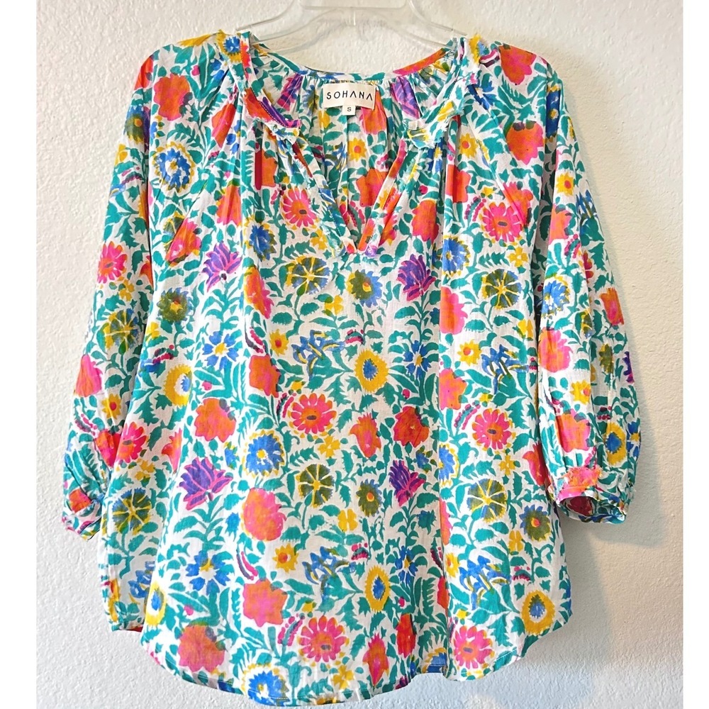 Sohana Floral Boho Resortwear Cotton Blouse SZ S Multi-Color 3/4 Sleeve Top